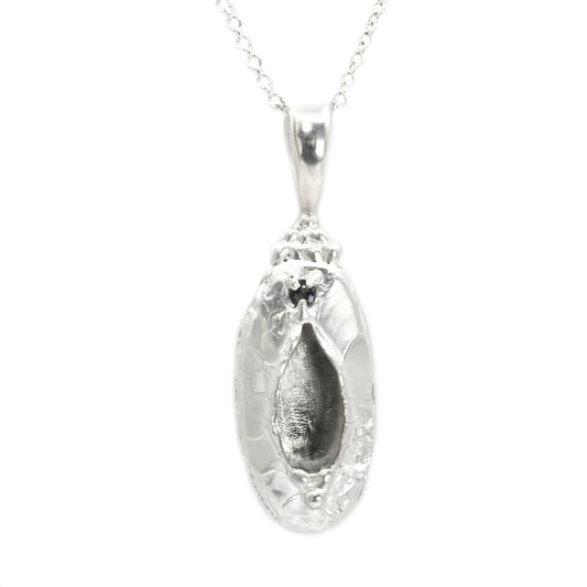 "Marina" Necklace: Large Silver Vulva Pendant with Dark Blue Sapphire