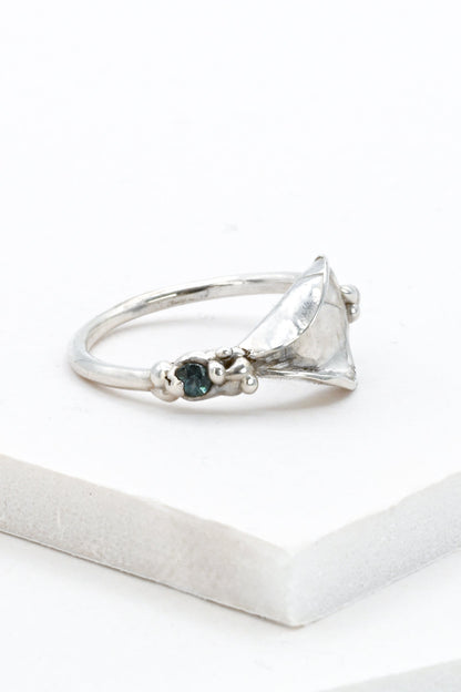 "Gaia" Impurity Ring: Sterling Silver Vulva Ring with Teal Blue Sapphire