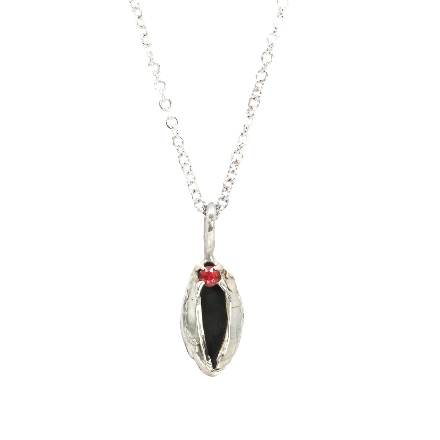 Small silver vulva pendant necklace with red sapphire clitoris, feminist necklace by Impurity Culture Jewelry 