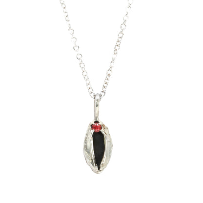 Small silver vulva pendant necklace with red sapphire clitoris, feminist necklace by Impurity Culture Jewelry 